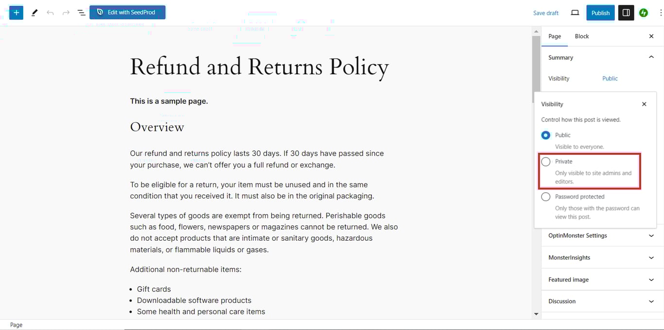 Die Option „Privat“ im WordPress-Block-Editor ist hervorgehoben.