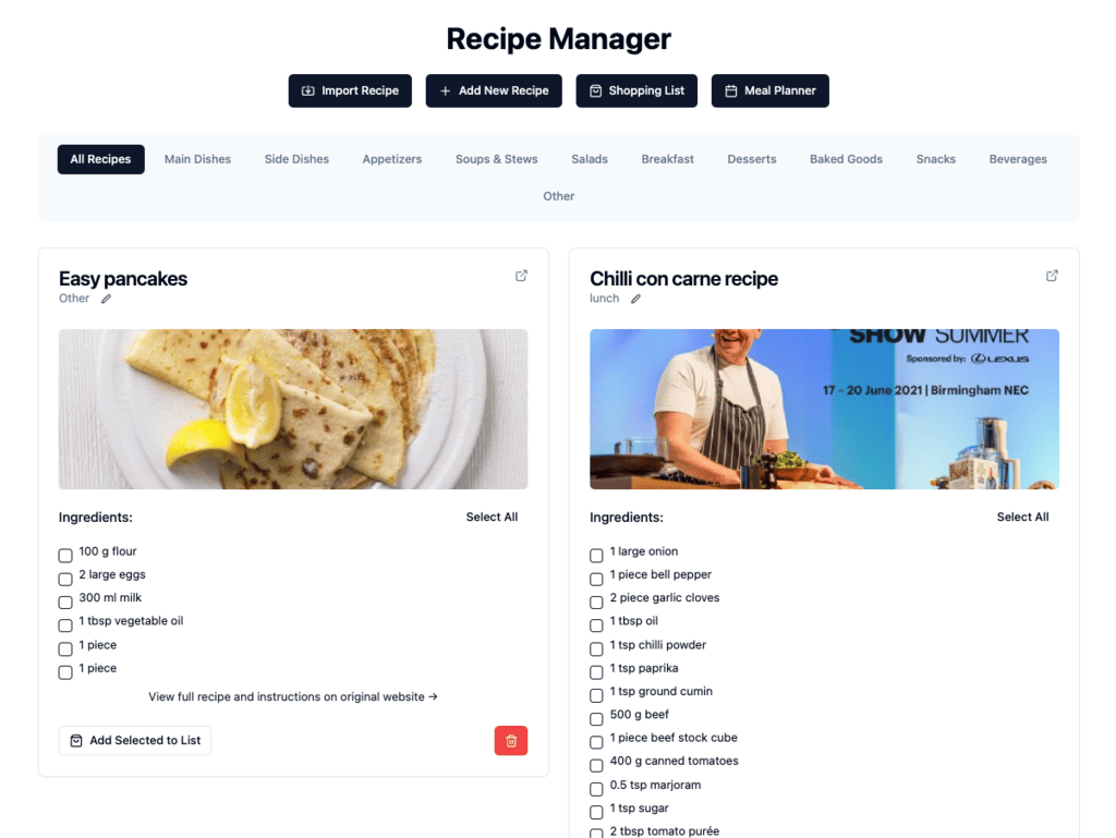 Eine mit Hostinger Horizons erstellte Rezeptmanager-App