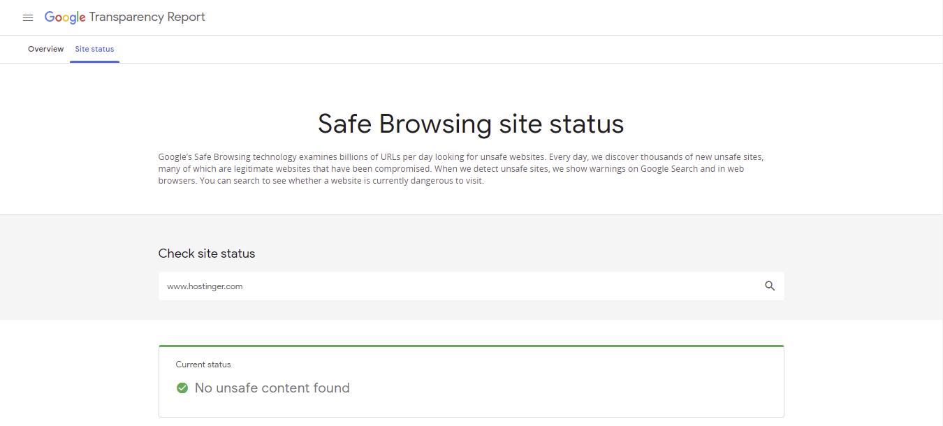 Der Transparenzbericht von Google zeigt, dass der aktuelle Status „Keine schädlichen Inhalte gefunden“ lautet.