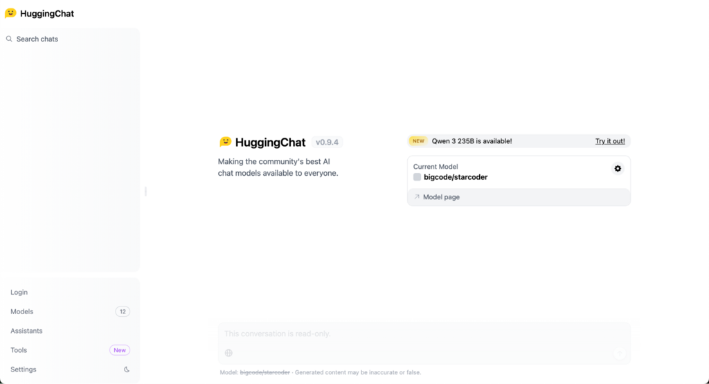 Startseite von StarCoder HuggingChat