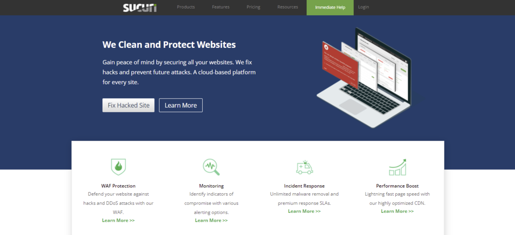Die Homepage von Sucuri mit dem Tool zur Reparatur gehackter Websites