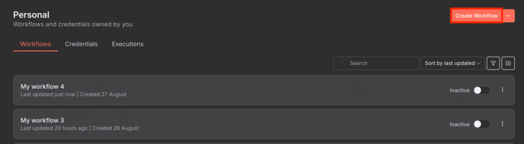 Der Button „Create Workflow“ in n8n