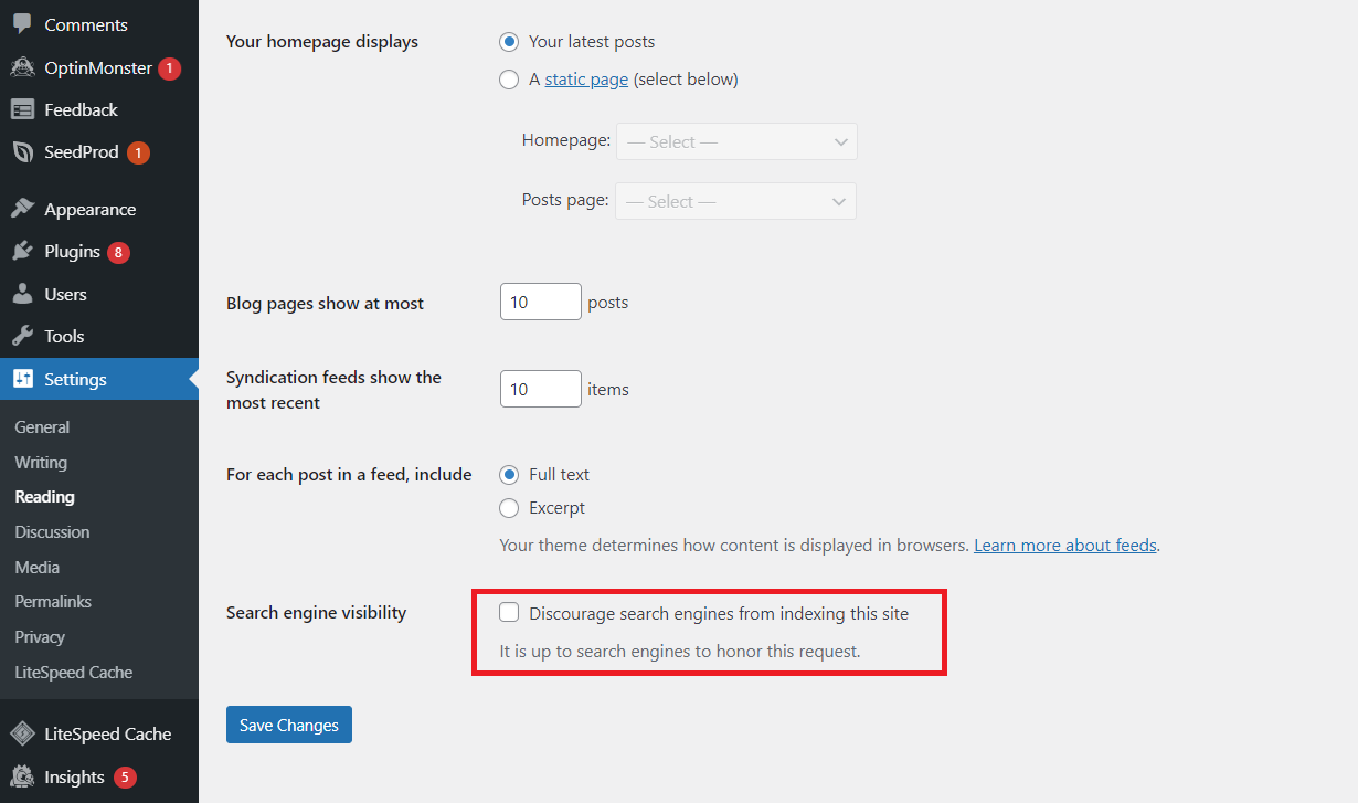 Die Option „Suchmaschinen davon abhalten, diese Website zu indexieren“ im WordPress-Dashboard.