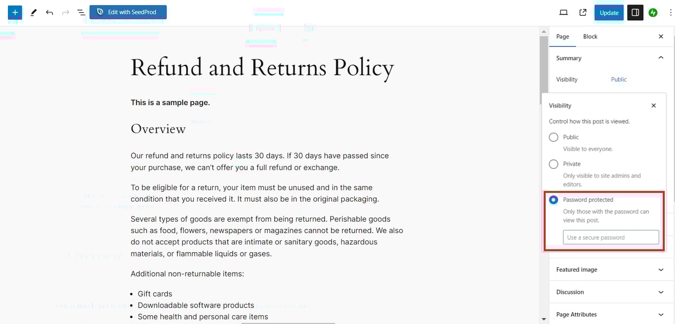 Die Option „Passwortgeschützt“ im Block-Editor von WordPress ist hervorgehoben.