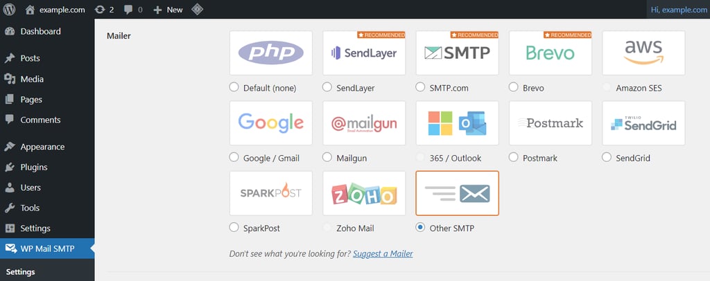 Einstellungen von WP Mail SMTP. „Other SMTP“ ist im Abschnitt „Mailer“ aktiviert