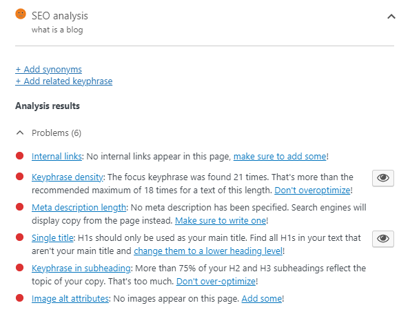 Yoast SEO-Analyse und zu behebende Probleme