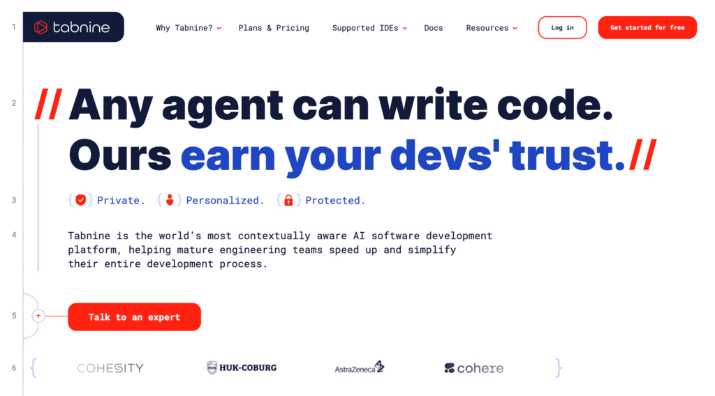 Startseite von Tabnine