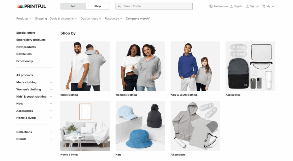 Der Produktkatalog von Printful mit den verf&uuml;gbaren Produkttypen