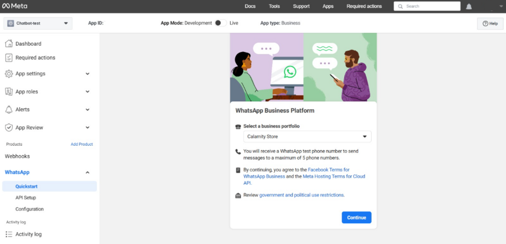 Die letzte Seite der App-Erstellungsseite des Meta-Entwicklerportals