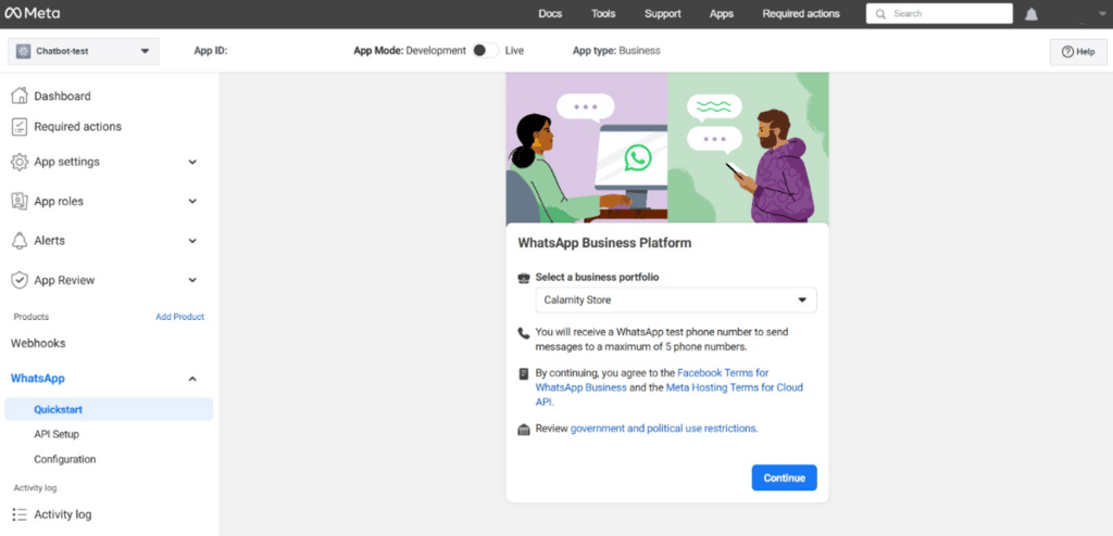 Die letzte Seite der App-Erstellungsseite des Meta-Entwicklerportals
