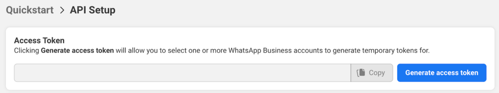 Menü zur Generierung von Access Token für WhatsApp Business