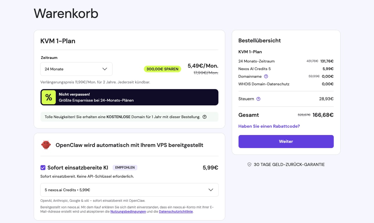 Ein Screenshot der Warenkorbseite beim Kauf des 1-Klick-OpenClaw-Pakets bei Hostinger