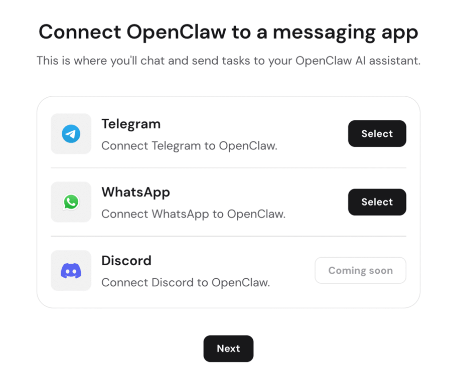 Ein Screenshot des OpenClaw-Einrichtungsschritts zum Verbinden von Chat-Anwendungen