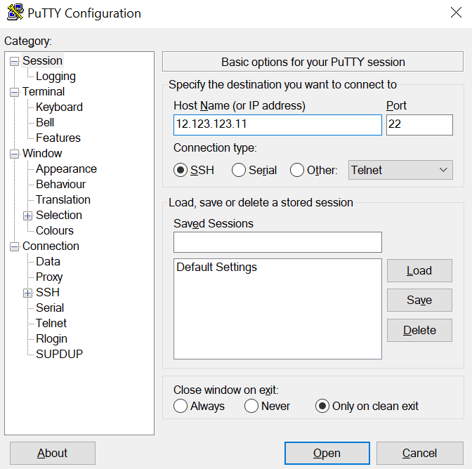 PuTTY SSH-Client-Benutzeroberfläche