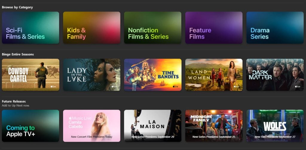 Screenshot des VOD-Katalogs von Apple, gruppiert in Kategorien und Genres, zeigt das vertraute Design, f&uuml;r das sich die meisten Streaming-Dienste entscheiden.