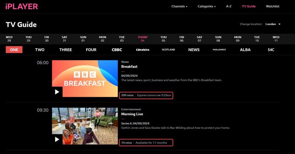Screenshot des zeitversetzten Zeitplans des iPLAYER von BBC, in dem die begrenzte Verfügbarkeit mit unterschiedlichen Ablaufzeiten hervorgehoben wird.