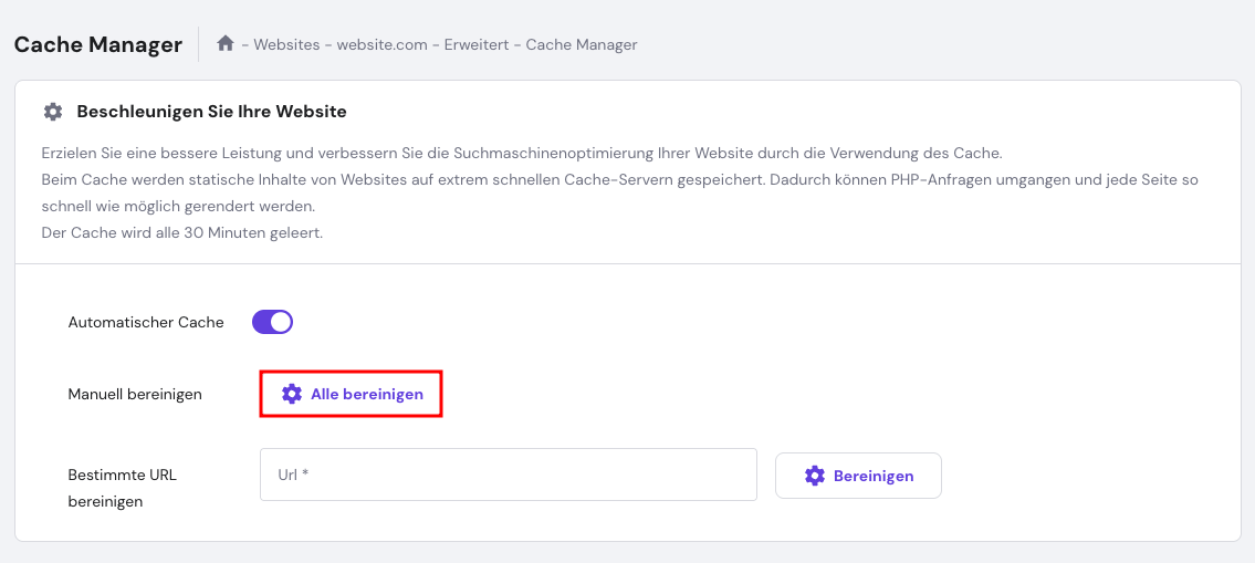 Die Schaltfl&auml;che Alle l&ouml;schen auf der Seite Cache-Manager von hPanel
