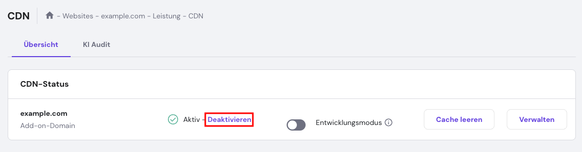 Die Schaltfläche Deaktivieren im CDN-Menü von hPanel