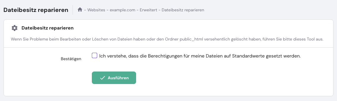Das Menü Dateibesitz reparieren in hPanel