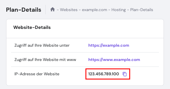 Die IP-Adresse der Website in hPanel
