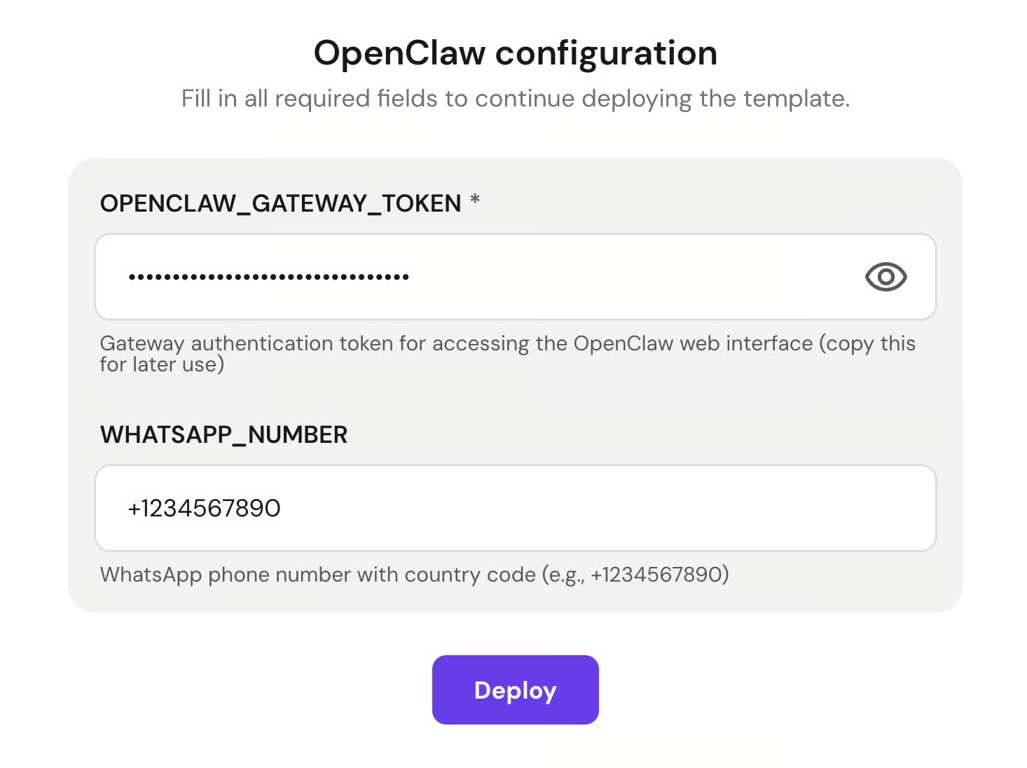 Hostingers OpenClaw-Konfigurationsfenster mit den Feldern f&uuml;r das Gateway-Token und die WhatsApp-Nummer
