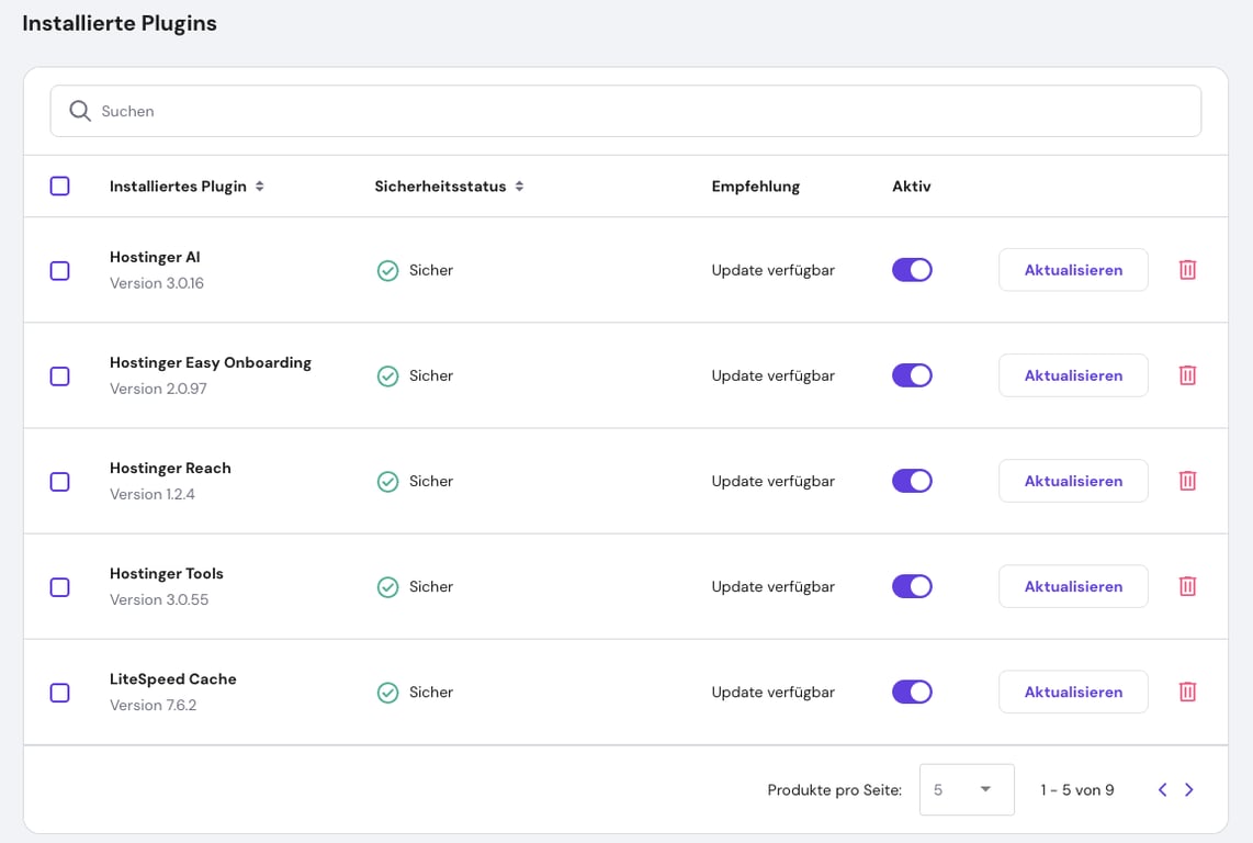 Der Abschnitt Installierte Plugins in hPanel