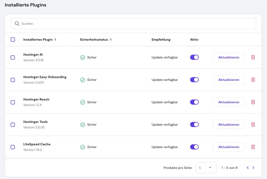 Der Abschnitt Installierte Plugins in hPanel