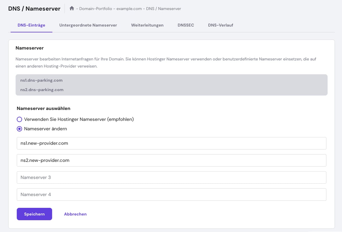 Die Optionen Nameserver auswählen in hPanel