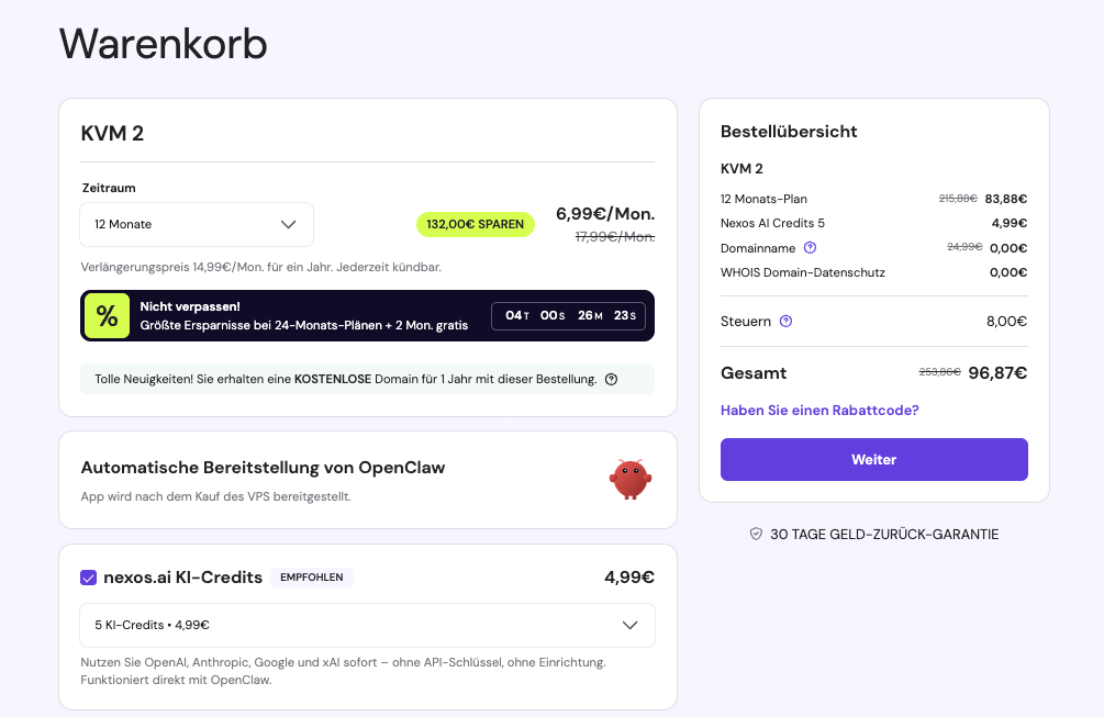 Ein Screenshot des Kaufvorgangs f&uuml;r OpenClaw VPS-Hosting bei Hostinger