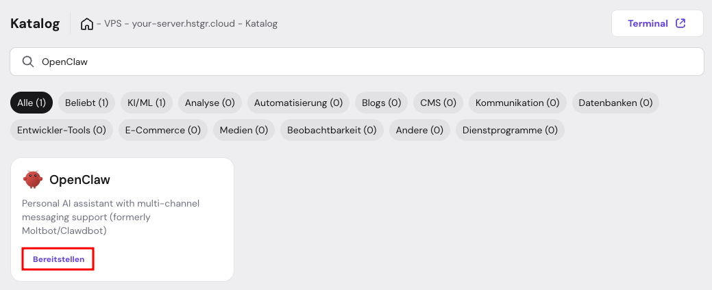 Die Schaltfl&auml;che &bdquo;Bereitstellen&ldquo; f&uuml;r OpenClaw im Men&uuml; &bdquo;Docker-Katalog&ldquo; von hPanel