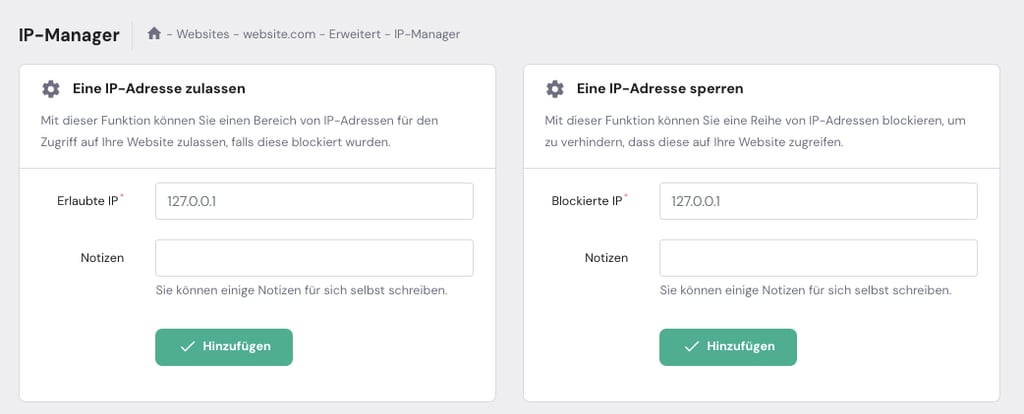 Die IP-Manager-Oberfl&auml;che von Hostinger hPanel im Abschnitt Erweitert.