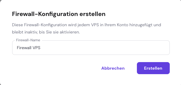 Der Prozess der Erstellung einer neuen VPS-Firewall-Konfiguration auf hPanel