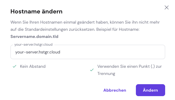 Das Feld zur Änderung des Hostnamens im Hostinger VPS-Verwaltungsmenü