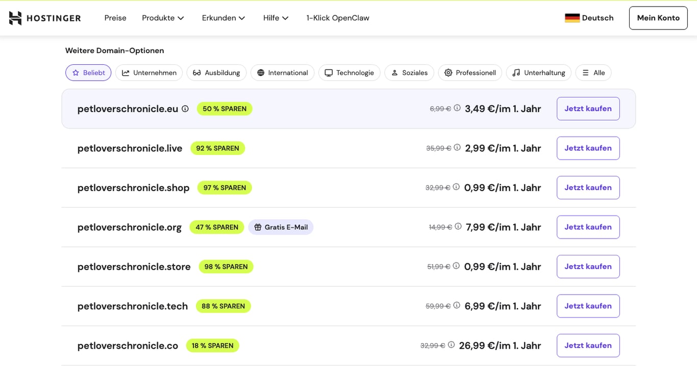 Das Domainnamen-Suchtool von Hostinger, das verschiedene Optionen anzeigt, wenn die bevorzugte Domain bereits vergeben ist