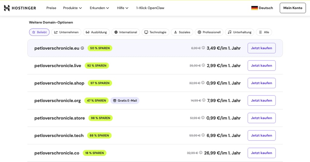 Das Domainnamen-Suchtool von Hostinger, das verschiedene Optionen anzeigt, wenn die bevorzugte Domain bereits vergeben ist