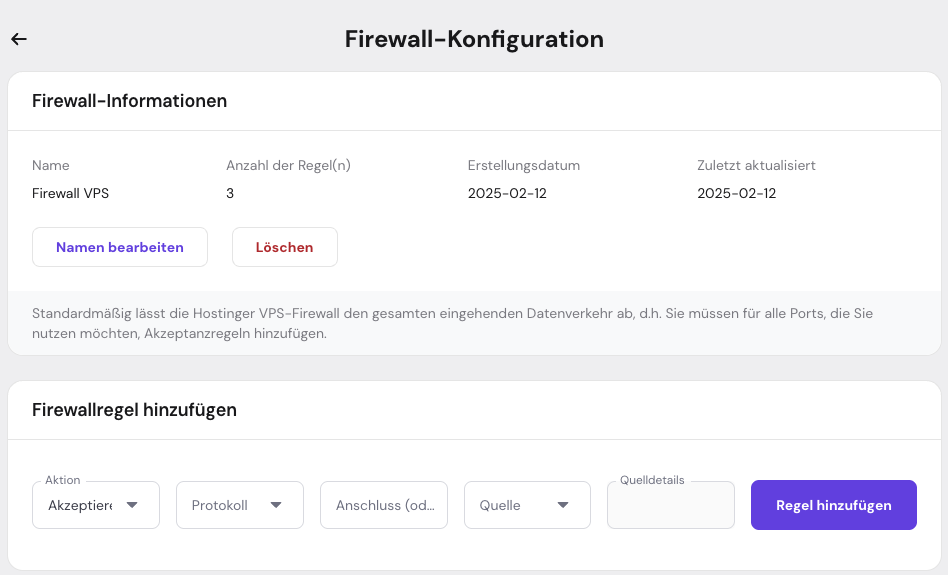 Der Prozess der Erstellung einer neuen Firewall-Regeln auf hPanel
