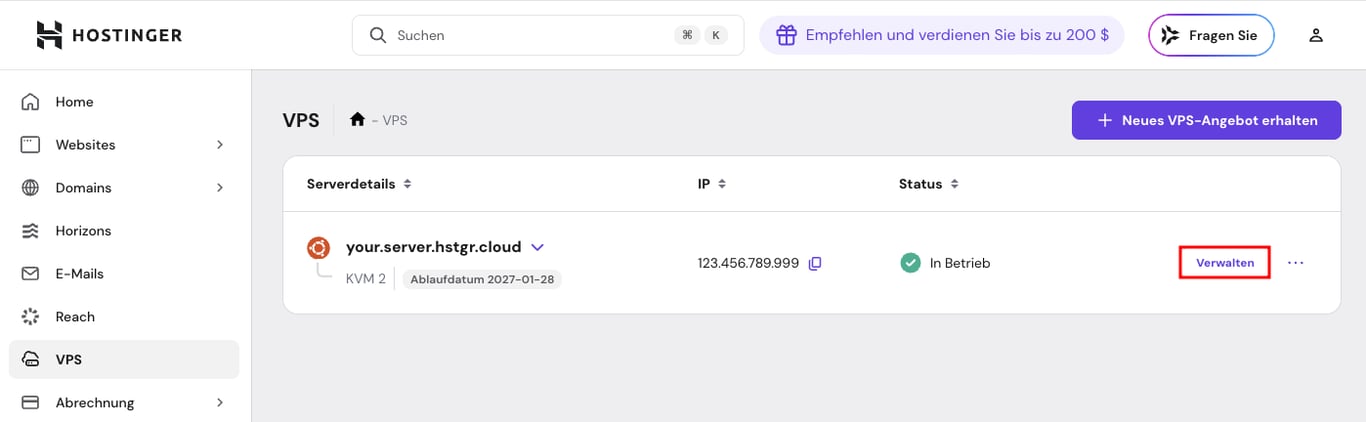 Die Schaltfl&auml;che verwalten auf der VPS-&Uuml;bersichtsseite von hPanel