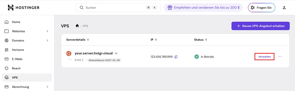 Die Schaltfläche verwalten auf der VPS-Übersichtsseite von hPanel