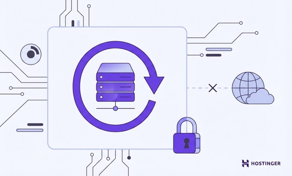 Illustration einer Serversicherung mit einem Aktualisierungssymbol, einem Vorh&auml;ngeschloss und einem Globus, die Datensicherheit und Cloud-Integration symbolisieren.