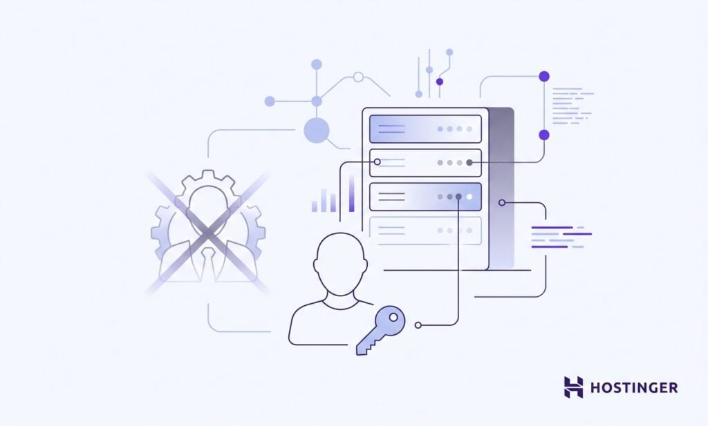Eine abstrakte Illustration, die Serververwaltung, Sicherheit und Benutzerzugriff darstellt, mit Knoten und miteinander verbundenen Linien, mit Hostinger-Branding.