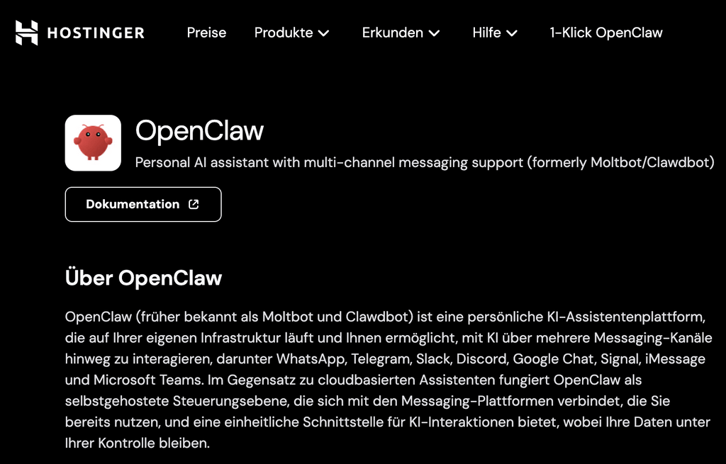 OpenClaw-Landingpage auf der Hostinger-Website