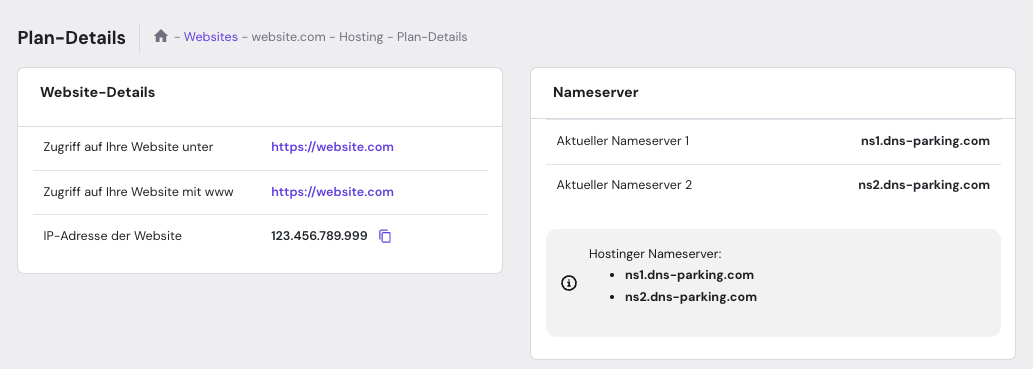 Details zum hPanel-Plan von Hostinger, wobei die IP-Adresse der Website hervorgehoben ist.