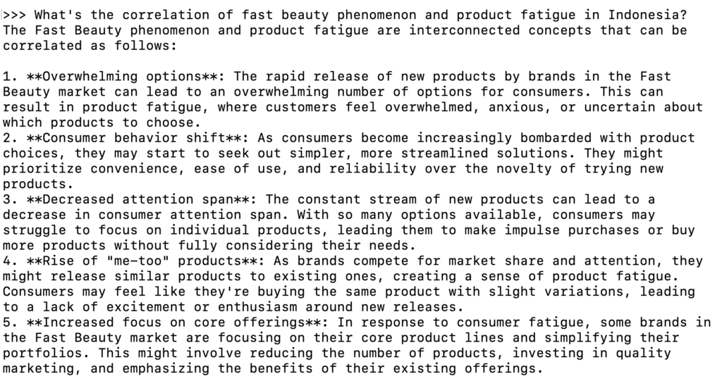 Terminal, das die Antwort eines Ollama-Modells nach dem Training anzeigt