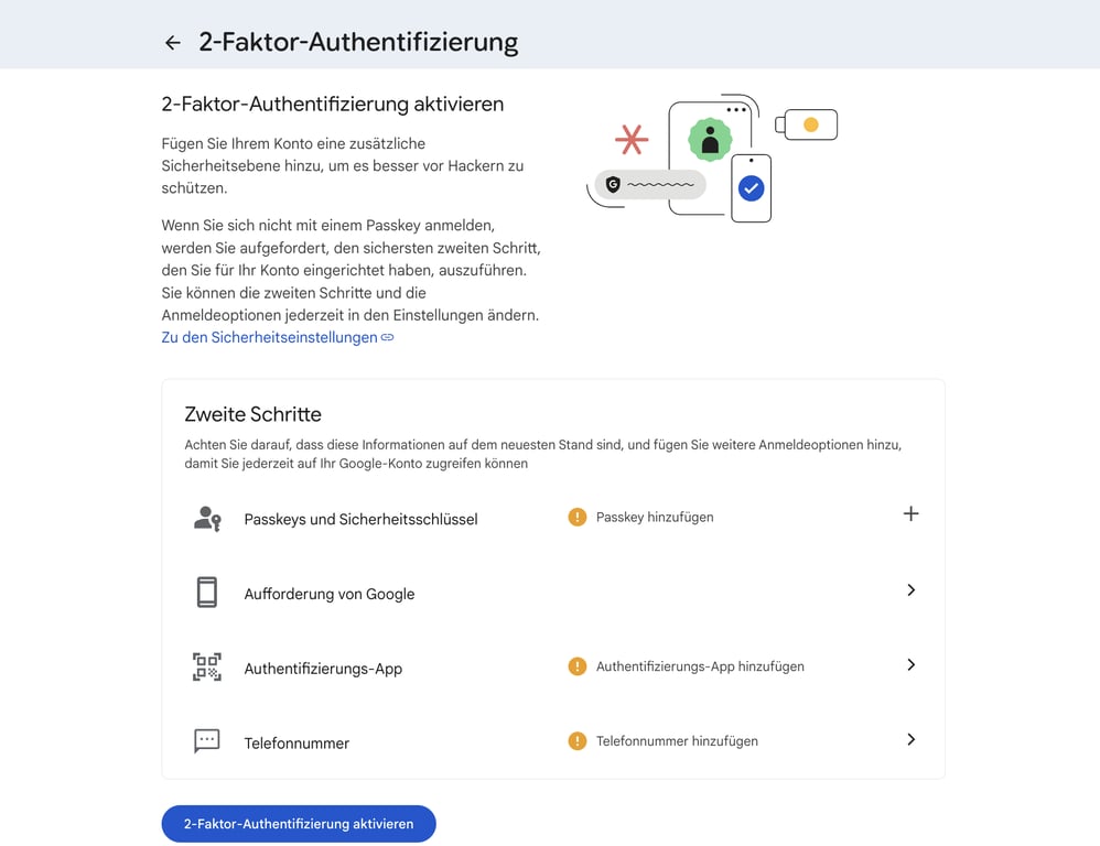 Einstellungen f&uuml;r die Best&auml;tigung in 2 Schritten im Google-Konto