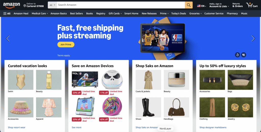 Amazon-Startseite mit Prime-Angeboten und Produktkategorien