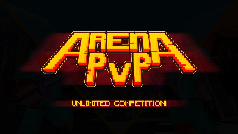 Leuchtend orangefarbener Text „Arena PvP Unlimited Competition“ mit schwarzem Hintergrund und rotem Schatten um den Text.