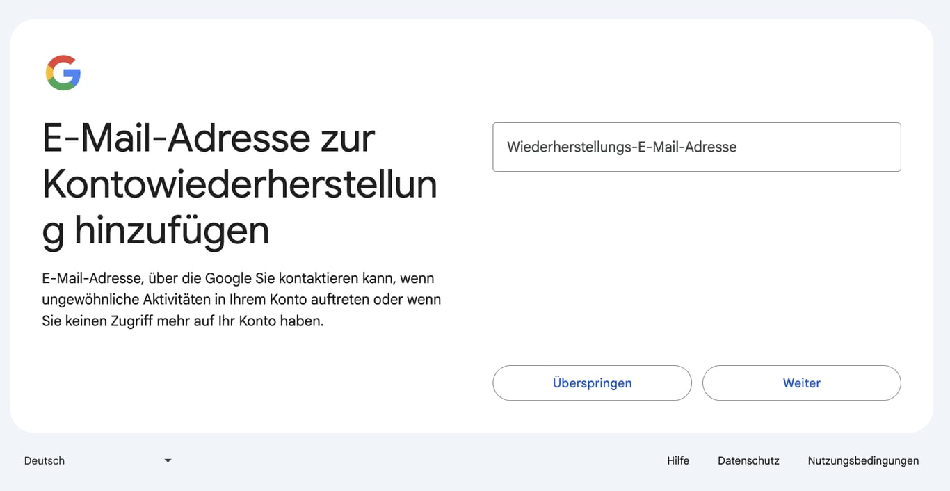 Wiederherstellungs-E‑Mail-Feld im Schritt zur Erstellung eines Gmail-Kontos
