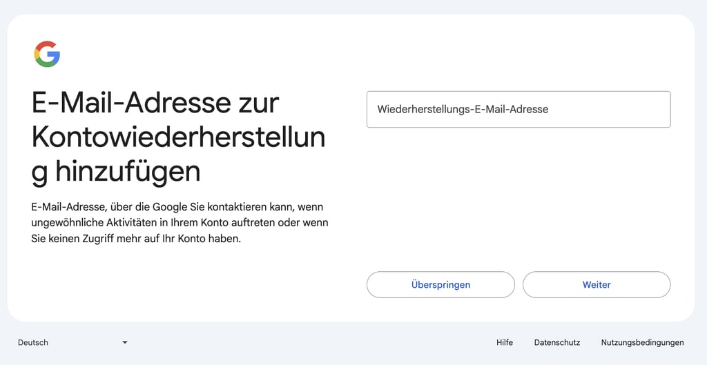Wiederherstellungs-E‑Mail-Feld im Schritt zur Erstellung eines Gmail-Kontos