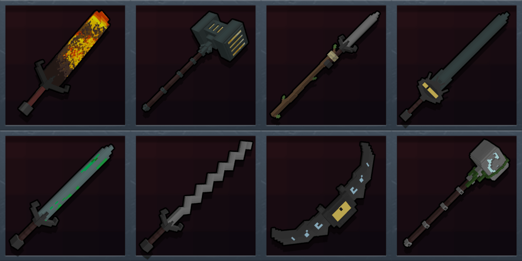 Bild von 8 verschiedenen Minecraft-Waffen, darunter 4 Schwerter, 2 zweihändige Hämmer, ein Bogen und ein Speer