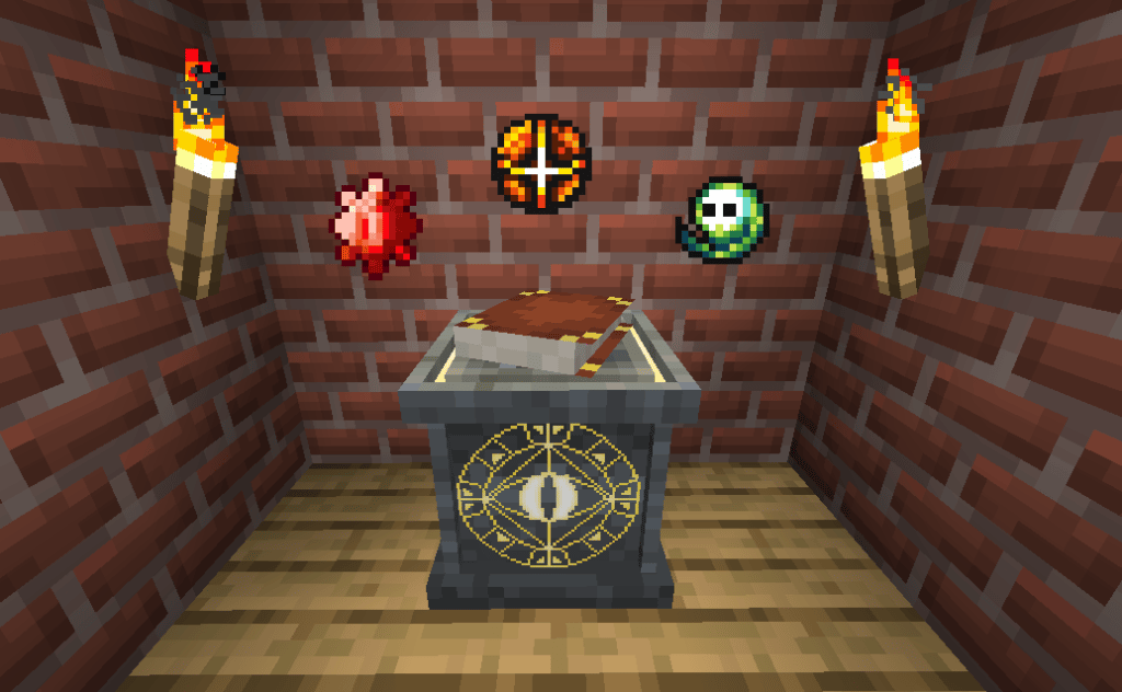 Minecraft-Bild, das einen Altar mit dem „Allsehenden Auge“, ein Buch oben auf dem Altar und magische Symbole, die darüber schweben, zeigt.